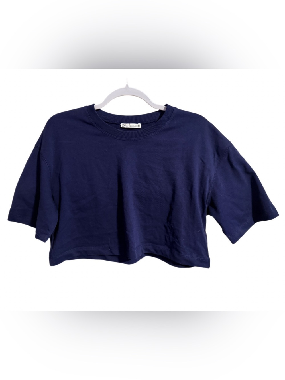 ZARA Navy Blue Cropped Top Crewneck Short Sleeve Cotton Womens Size Small